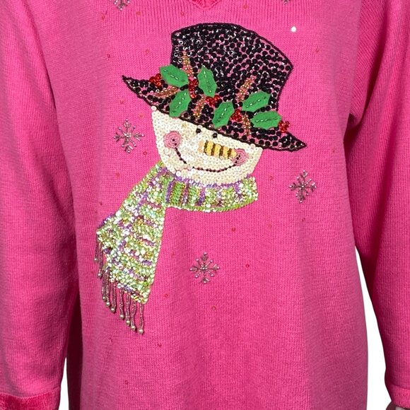 Quacker Factory Beaded Snowman Sweater Womens Size 1X Pink V Neck Pullover - Picture 3 of 7